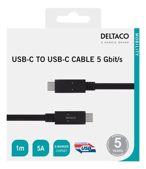 DELTACO USB-C til USB-C-kabel, 5 Gbit/s, 5A, 1 m, svart
