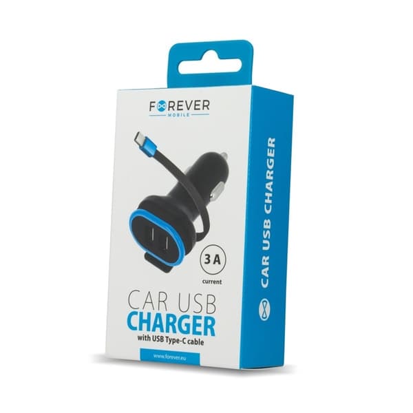 Forever Dual USB Billaddare CC-02 3A med USB typ-C kabel