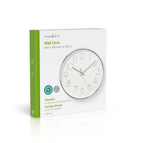 Nedis Väggklocka | Diameter: 300 mm | Plast | Silver / Vit