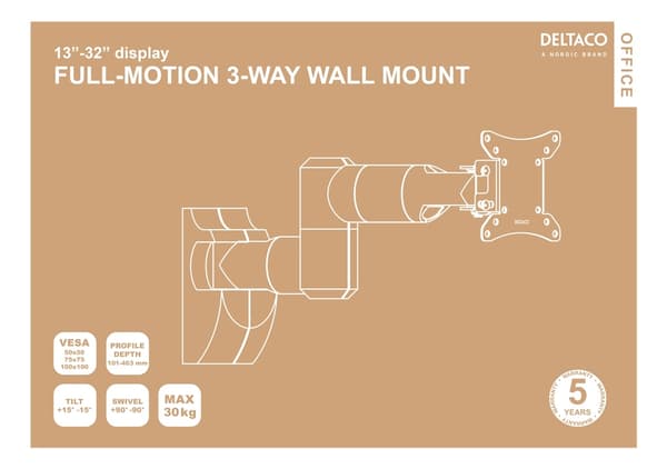 DELTACO OFFICE Full-motion wall mount, invisible cable management, 13-
