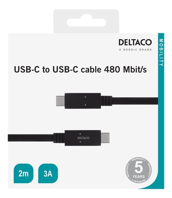 DELTACO USB 2.0 USB-C til USB-C-kabel, 2 m, USB-IF-sertifisert, 480 Mbit/s, svart