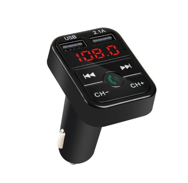 2-i-1 FM-sender med dobbelt USB-stik, display og knapper, Sort