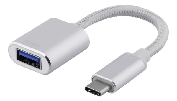 DELTACO USB-C 3.1 Gen 1 til USB-A OTG-adapter, aluminium, hvit pose, sølv