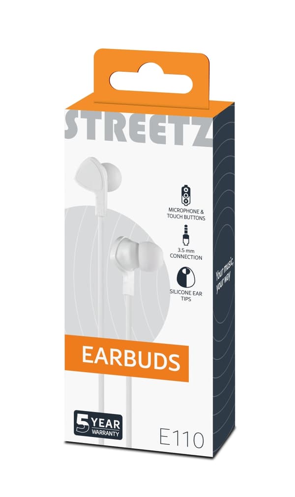 STREETZ in-ear headset, 1-button remote, 3.5mm, microphone, white