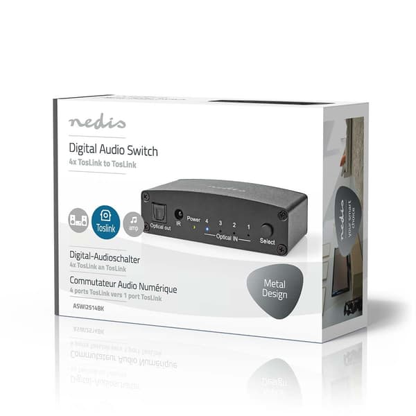 Nedis Digital Audio Switch | 4-vejs | Indgang til lyd- / video- / dataforbindelser: DC Power / 4x TosLink | Audio / video / dataforbindelser output: T