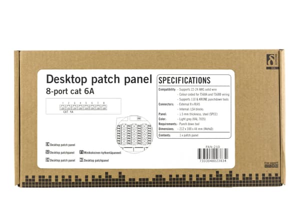 DELTACO kytkentäpaneeli, 8xRJ45, Cat6a, seinäasennus, 10Gbps, harmaa