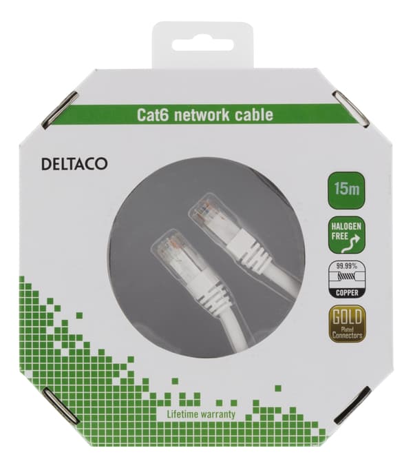 DELTACO U/UTP Cat6 patchkabel, 15 m, 250 MHz, Delta, LSZH, hvit