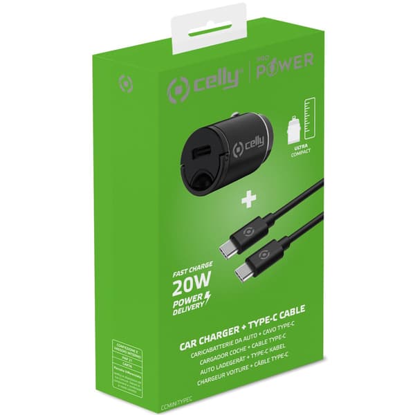 Celly Billaddare Mini USB-C PD 20W + USB-C till USB-C-kabel
