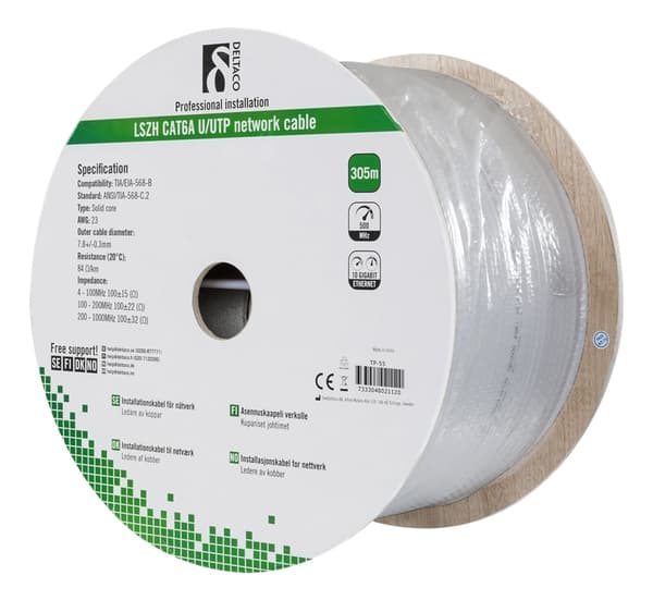 DELTACO U/FTP Cat6a installation cable, 305m, 500MHz, LSZH, gray