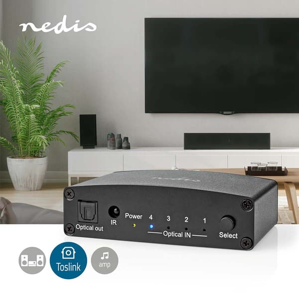 Nedis Digital Audio Switch | 4-vejs | Indgang til lyd- / video- / dataforbindelser: DC Power / 4x TosLink | Audio / video / dataforbindelser output: T