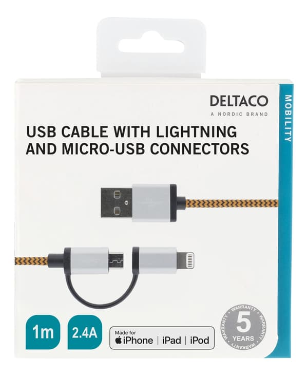 DELTACO USB-kabel, USB Micro B ha och lightning ha, MFi, 1m, orange