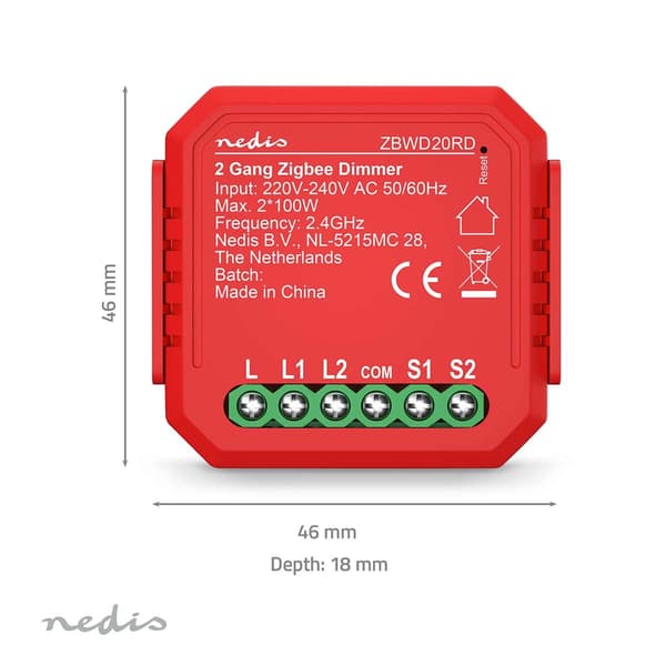 Nedis SmartLife indbygget modul | Zigbee 3.0 | Dobbelt triac-dimmer | 2 x 100 W | Terminalforbindelse | App tilgængelig til: Android™ / IOS