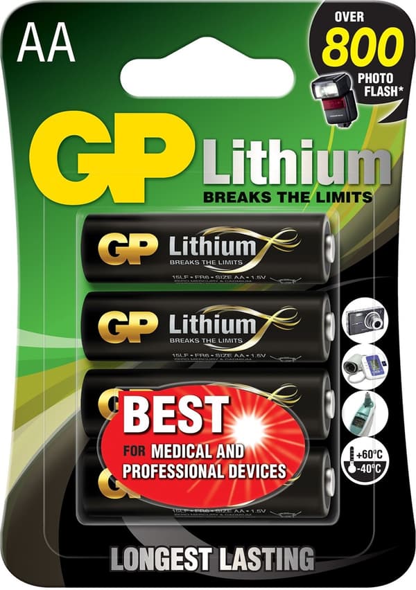 GP AA litiumparisto 1.5V, 15LF-2U4, 4-pack, 4 kpl