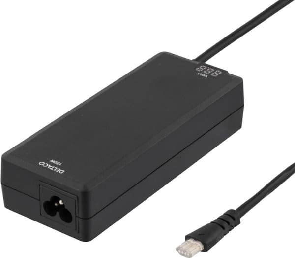DELTACO laddare för notebook, 15-20 V, 8 A, 120 W, LED-display