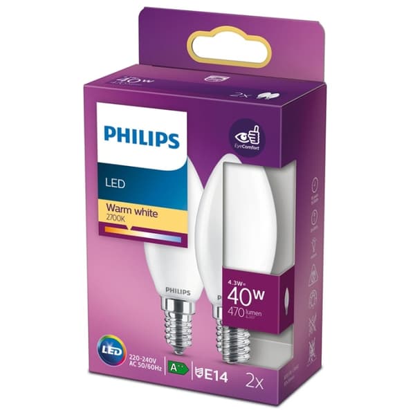 Philips 2-pakning LED E14 Crown 40W Frost 470lm