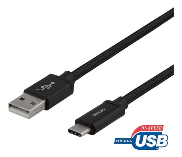 DELTACO USB-A - USB-C-kaapeli, 1m, USB 2.0, punottu, musta