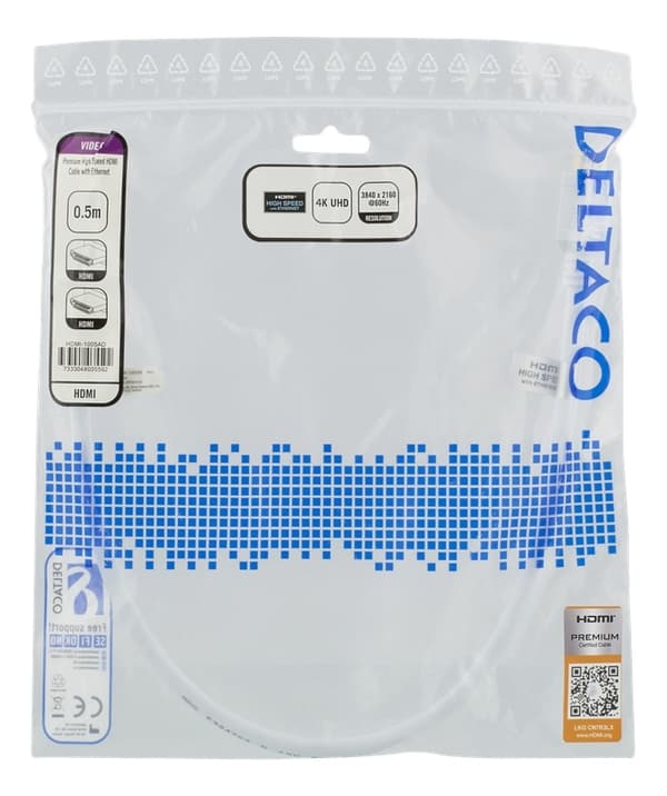 DELTACO High-Speed Premium HDMI cable, 0,5m, Ethernet, 4K UHD, white