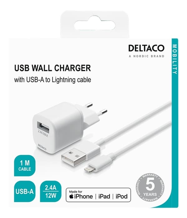 DELTACO USB-vegglader, USB-A, 2,4 A, inkl. 1 m USB-A til Lightning