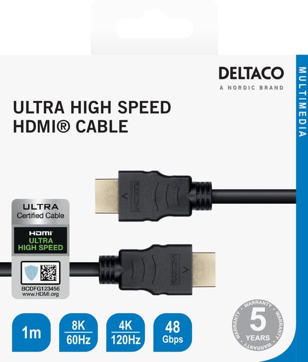 DELTACO ultranopea HDMI-kaapeli, 48Gbps, 2m, musta