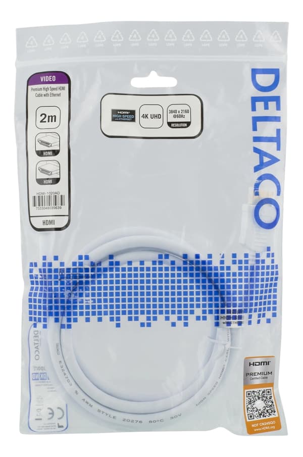 DELTACO High-Speed Premium HDMI-kabel, 2m, Ethernet, 4K UHD, vit