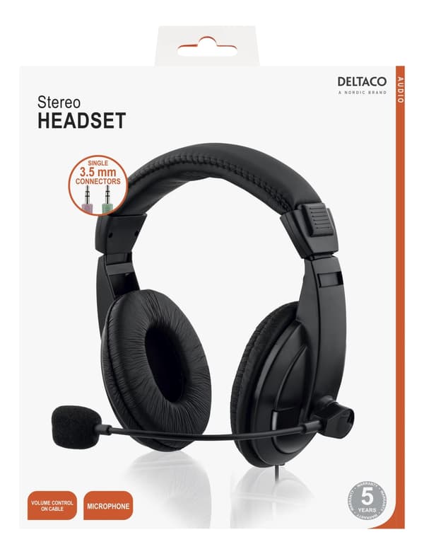 DELTACO, Headset med mikrofon och volymkontroll 2,5m kabel, svart
