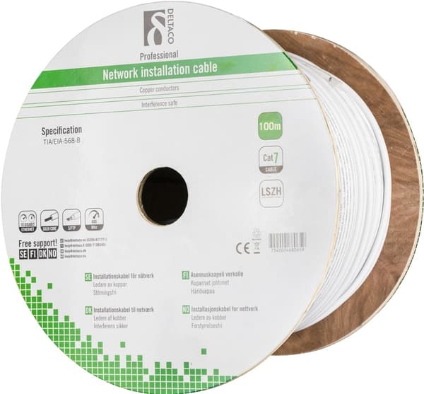 DELTACO S/FTP installationskabel Cat7, 100m, vit