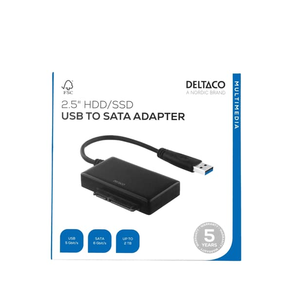 DELTACO sovitin USB 3.0 - SATA 6Gb/s, sov. 2,5" kiintolevyille, musta