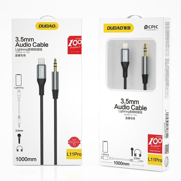 Dudao L11PRO 3,5mm Jack till Lightning-kabel 1m grå