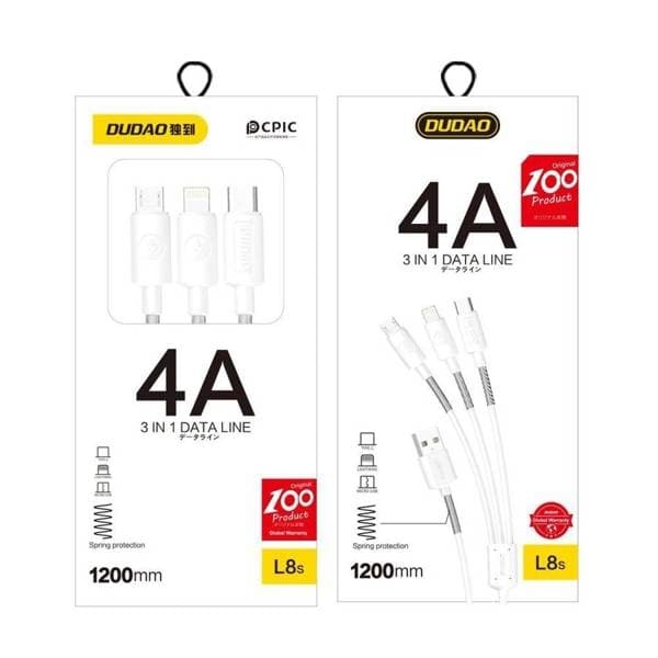 Dudao L8s Upgrade USB-A to Lightning/USB Micro/USB-C 3-in-1 cable 1.2 m white