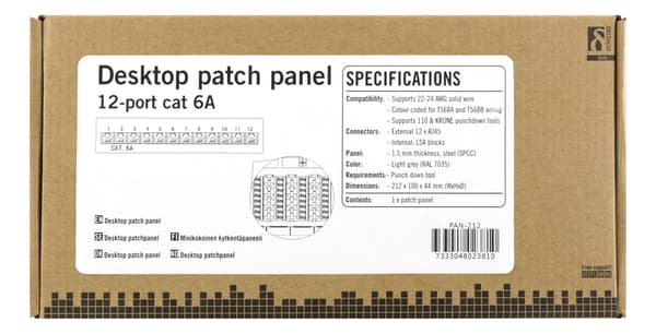 DELTACO Kretspanel, 12xRJ45, Cat6a, veggmonterbart, 10Gbps, grå
