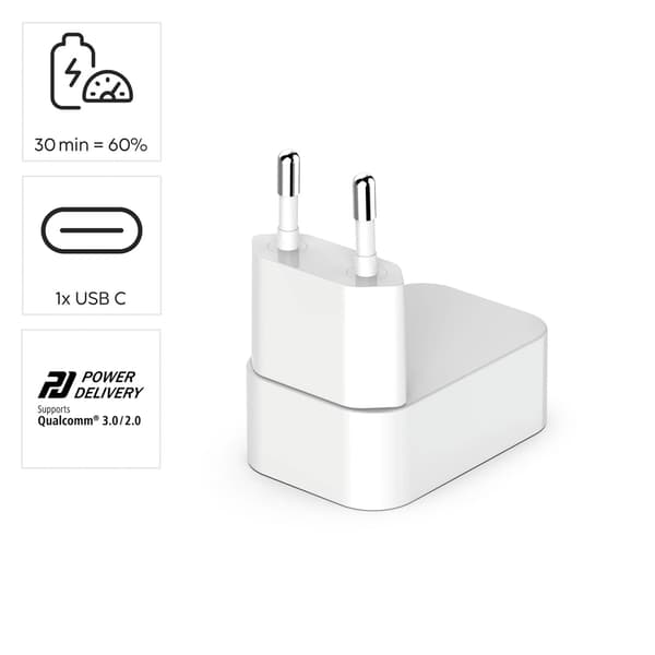 Hama Lader 1xUSB-C GaN PD 30W Rask Sammenleggbar Mini Hvit