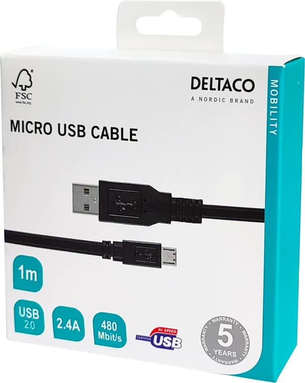 DELTACO USB 2.0 kabel till Micro-USB kabel, 1m (MICRO-101)