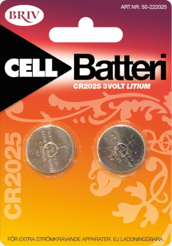 Knappcell Litium CR2025 3V - 2-pack, 1/20/400