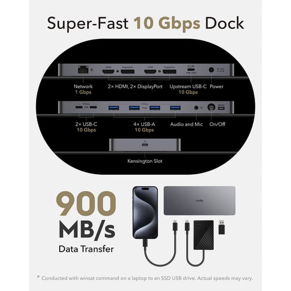 CUDY Dokkingstasjon CS700 10Gbps USB-C Dual 4K 150W