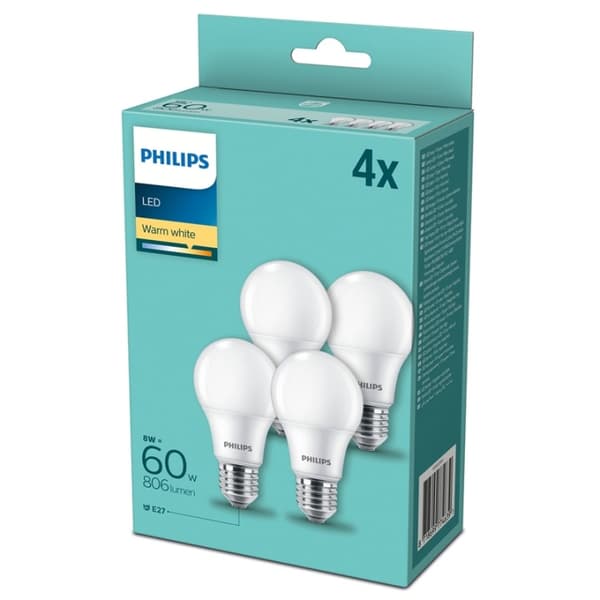 Philips 4-pakning LED E27 Normal Frost 60W 806lm