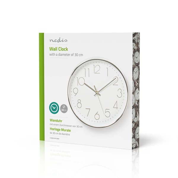 Nedis Väggklocka | Diameter: 300 mm | Plast | Silver / Vit