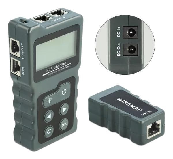 DeLOCK LCD Kabeltester RJ45 / PoE / DC, mørkegrå
