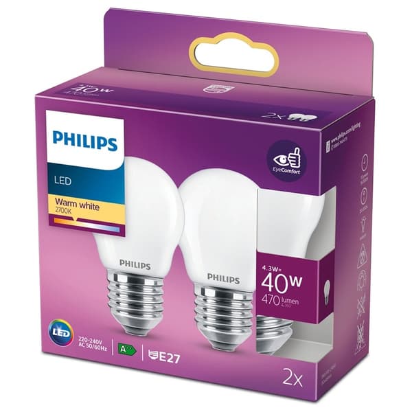 Philips 2-pakning LED E27 P45 Sphere 40W Frost 470lm