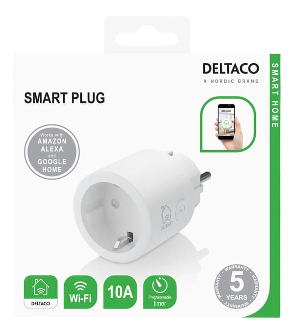 DELTACO SMART HOME bryter, WiFi, 1xCEE 7/3, 10A, timer, hvit