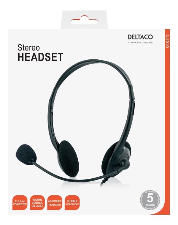 DELTACO Stereo Headset, microphone and volume control, 2x 3,5mm, black