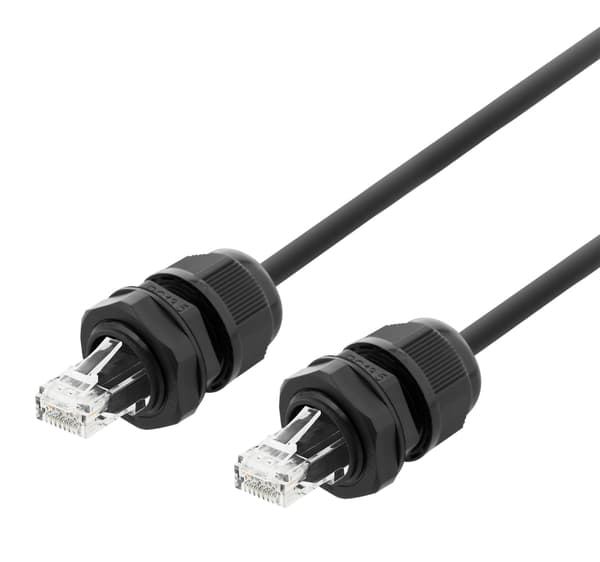 DELTACO S/FTP Cat6a laitekaapeli, 2m, IP68, PG13.5, musta