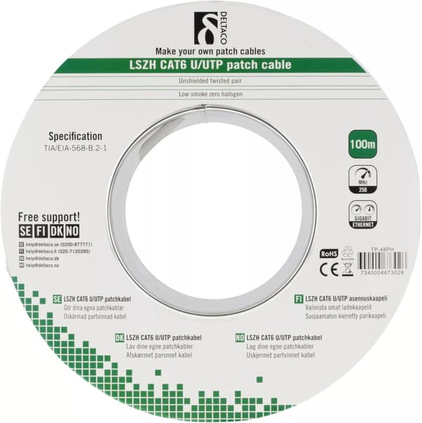 DELTACO U/UTP patchkabel, LSZH (Low Smoke Zero Halogen), Cat6, multico