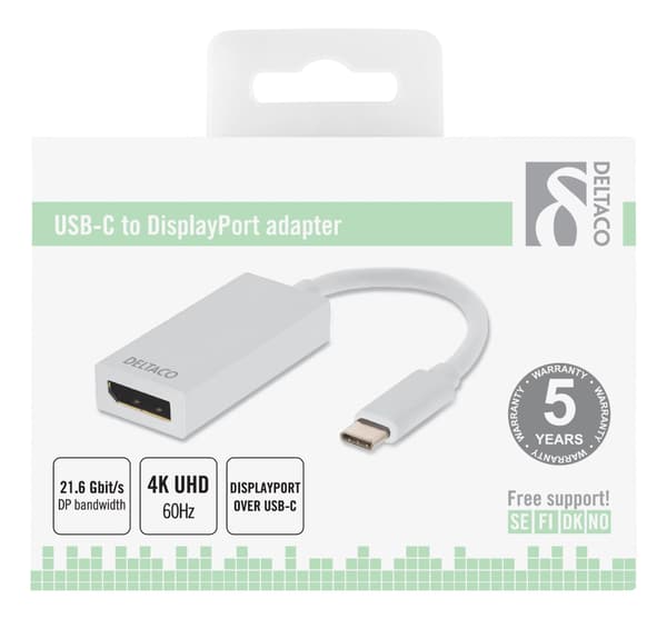 DELTACO sovitin USB 3.1 - DP, Type C uros - DP naaras, 4K, UHD, valk.