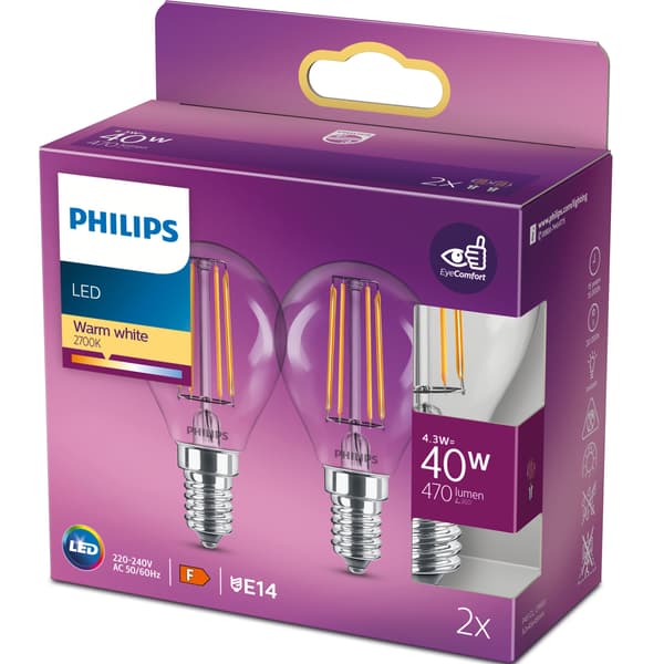 Philips 2-pakning LED E14 Sphere 4,3W (40W) Klar 470lm