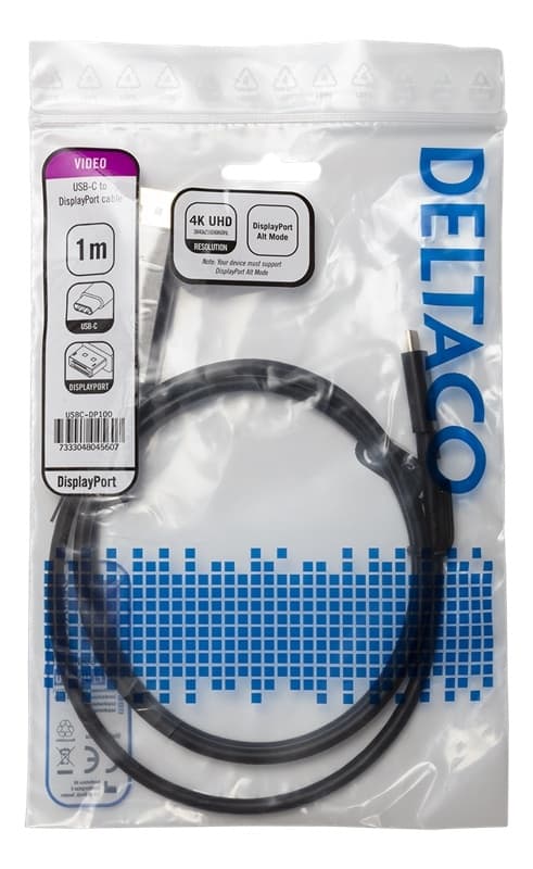 DELTACO USB-C til DisplayPort-kabel, 1 m, 4K@60 Hz, svart