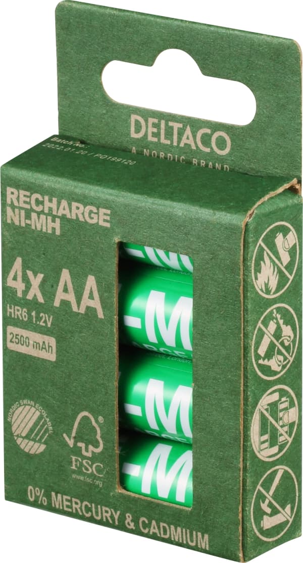 DELTACO aA oppladbare batterier, 2500 mAh, 4-pk