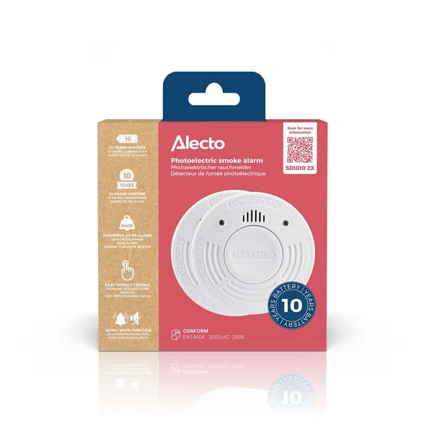 Alecto Rökdetektor med 10 års drifttid för batteri och sensor 2-pack Vit