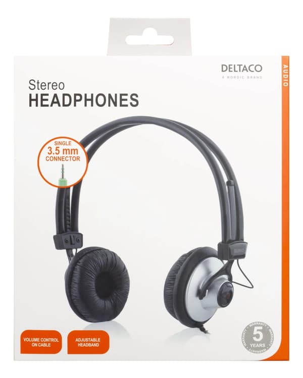 DELTACO hodetelefoner med volumkontroll 2,2m kabel