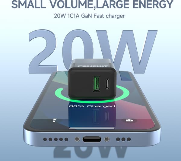 FoneKit Double 20W laddare, USB-C + USB-A, svart
