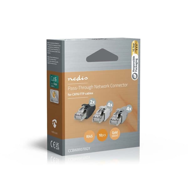 Nedis RJ45-kontakt | RJ45 Pass Through | Solid/Stranded FTP CAT6 | Rett | Gull belagt | 10 stk. | Polycarbonate | Grå / Hvit / Sort | Boks